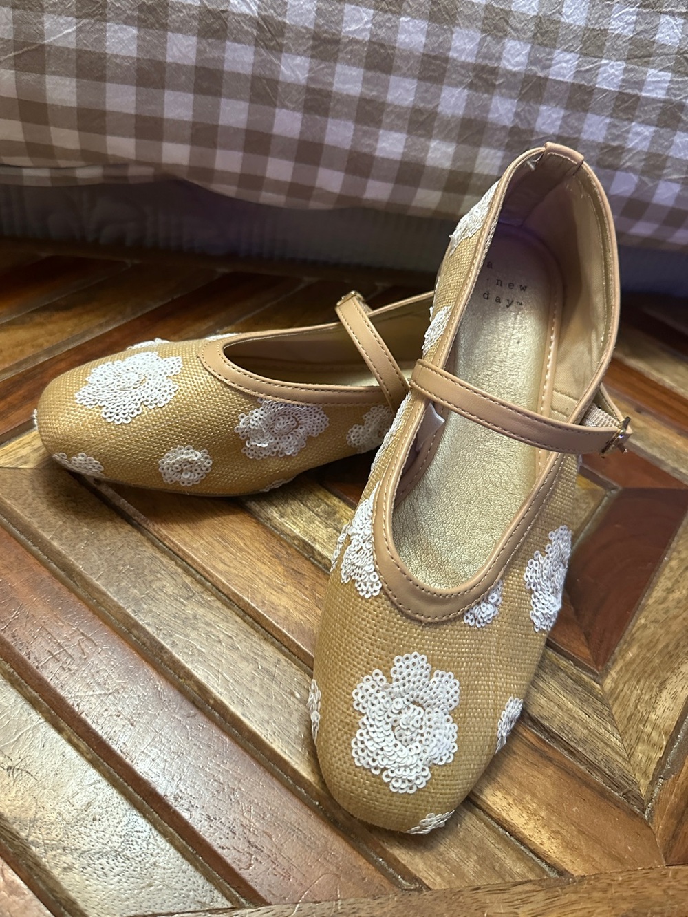 a new day Tan Floral Mary Jane Flats with White Sequin Flowers